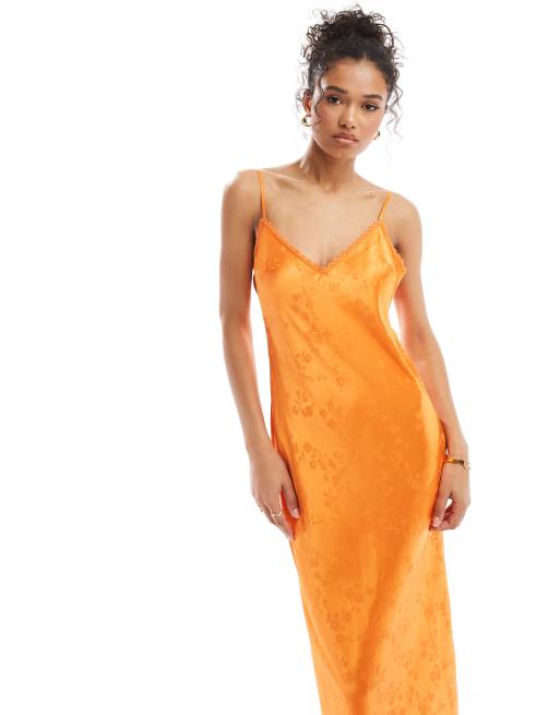 Miss Selfridge satin jacquard strap back maxi slip dress in orange ASOS