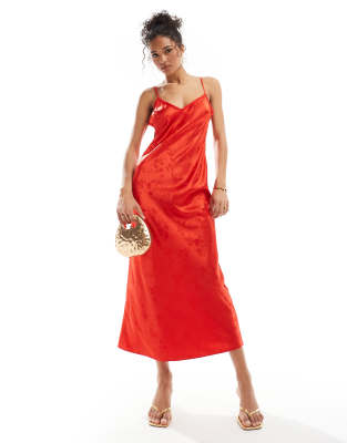 satin jacquard strap back maxi slip dress in red jacquard