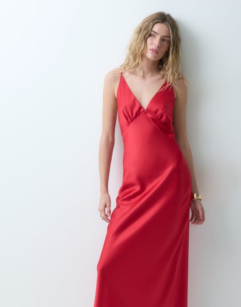 Miss Selfridge satin kjole med bindebånd i ryggen i rød - view 1