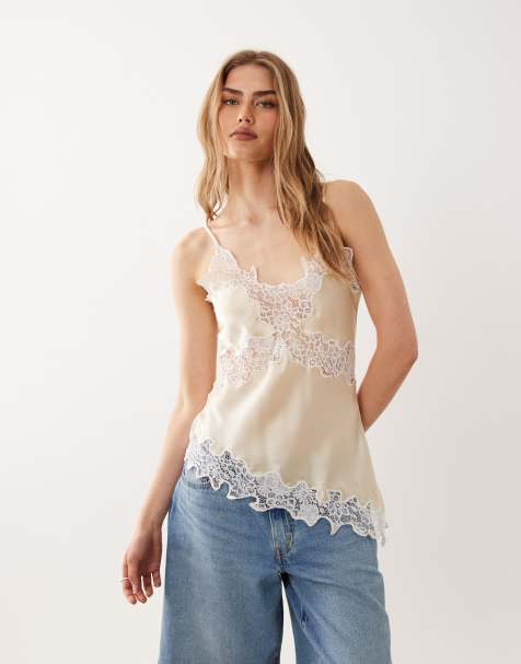 Miss Selfridge satin lace asym cami in stone - view 1