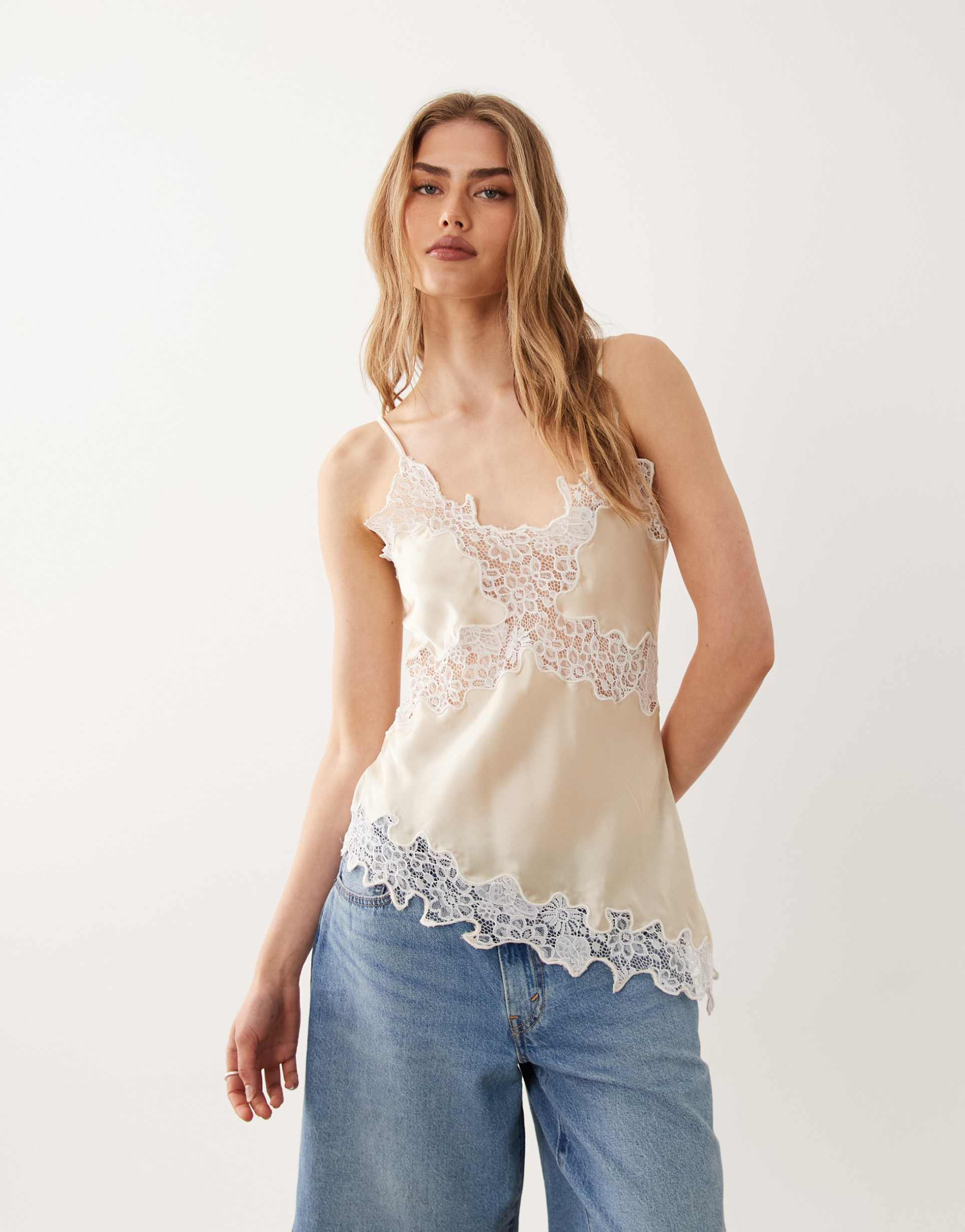 miss selfridge satin lace asymmetric cami in stone