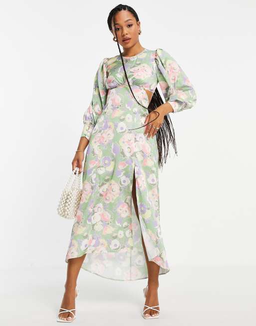 Miss Selfridge satin lace back midi dress in floral print | ASOS