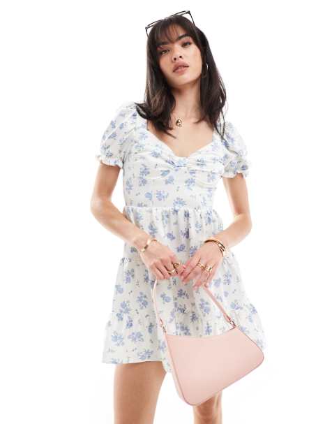 Miss Selfridge satin lace back ruffle hem mini dress in ditsy print - view 1