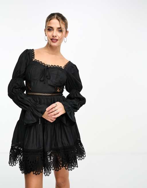 Black satin bustier shop lace insert midi dress