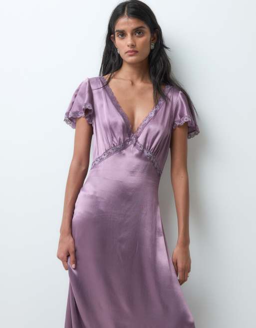 Miss Selfridge satin lace midaxi tea dress in grape, 2 of 5