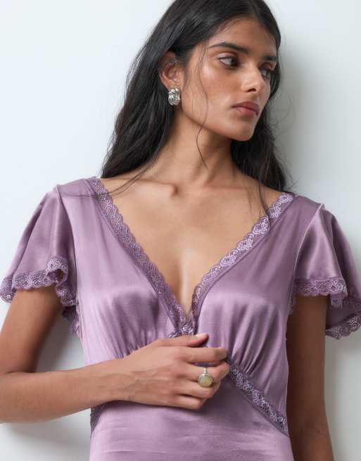 Miss Selfridge satin lace midaxi tea dress in grape, 3 of 5