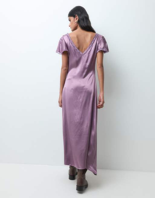 Miss Selfridge satin lace midi tea dress in grape, 4 of 5