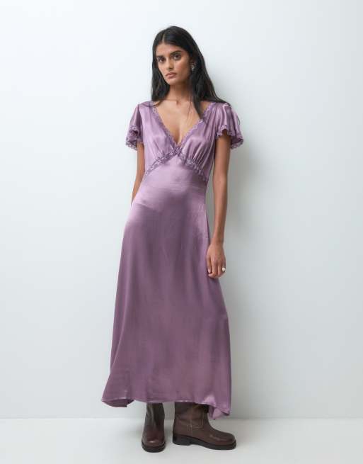 Miss Selfridge satin lace midi tea dress in grape, 5 of 5