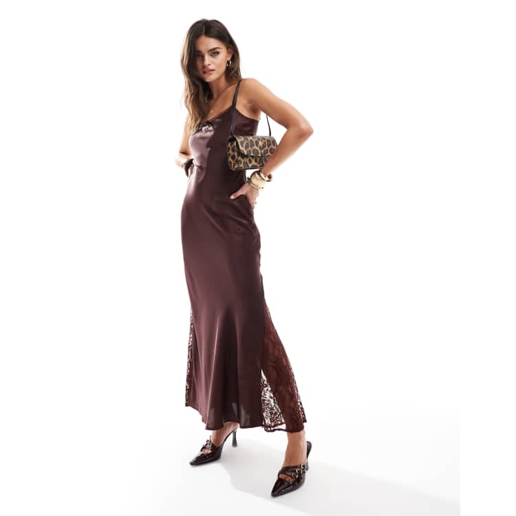 Miss Selfridge satin lace mix maxi slip dress in chocolate