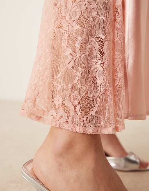Miss Selfridge satin lace mix maxi slip dress in light pink | ASOS