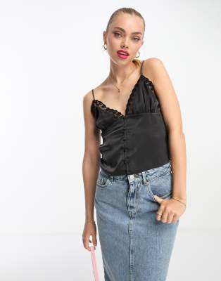 miss selfridge satin lace trim cami top in black