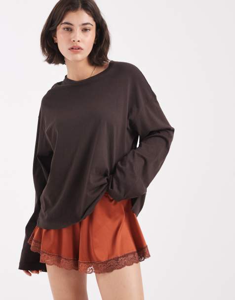 Miss Selfridge satin lace trim hot pant shorts in rust - view 1