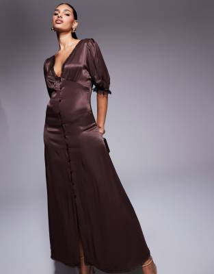 satin lace trim maxi dress in chocolate-Brown