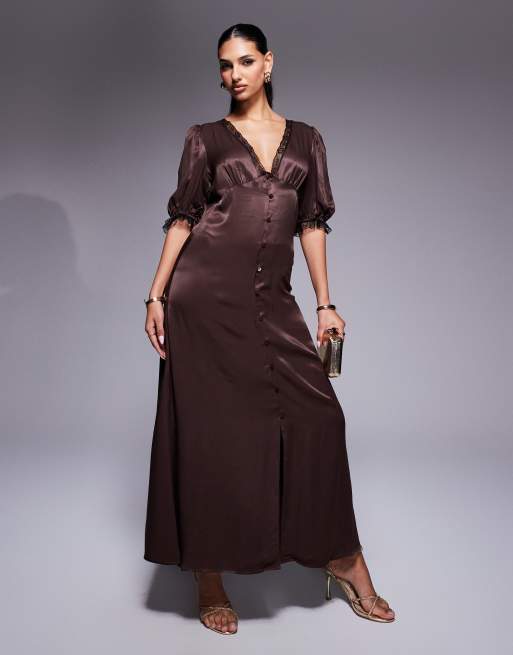 Miss Selfridge satin lace trim maxi dress in chocolate, 2 of 4