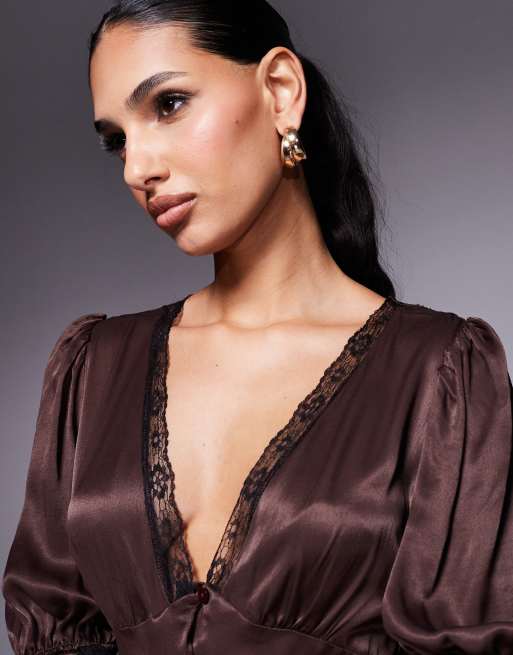 Miss Selfridge satin lace trim maxi dress in chocolate, 3 of 4
