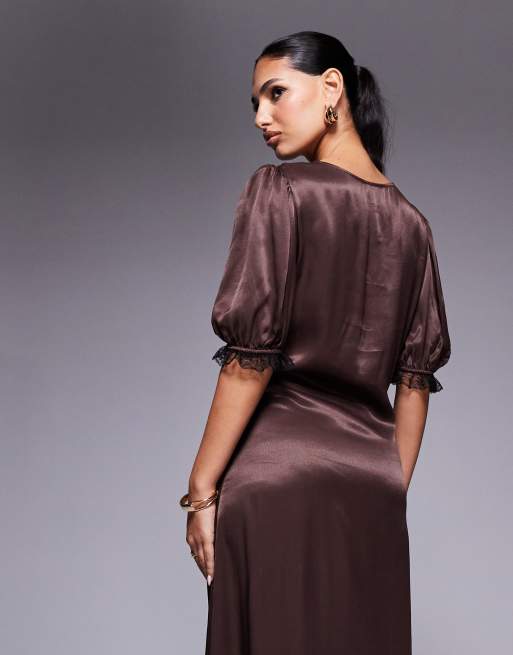 Miss Selfridge satin lace trim maxi dress in chocolate, 4 of 4