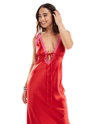 Miss Selfridge Satin Lace Trim Maxi Dress In Red