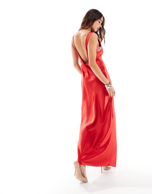 Miss Selfridge satin lace trim maxi dress in red ASOS