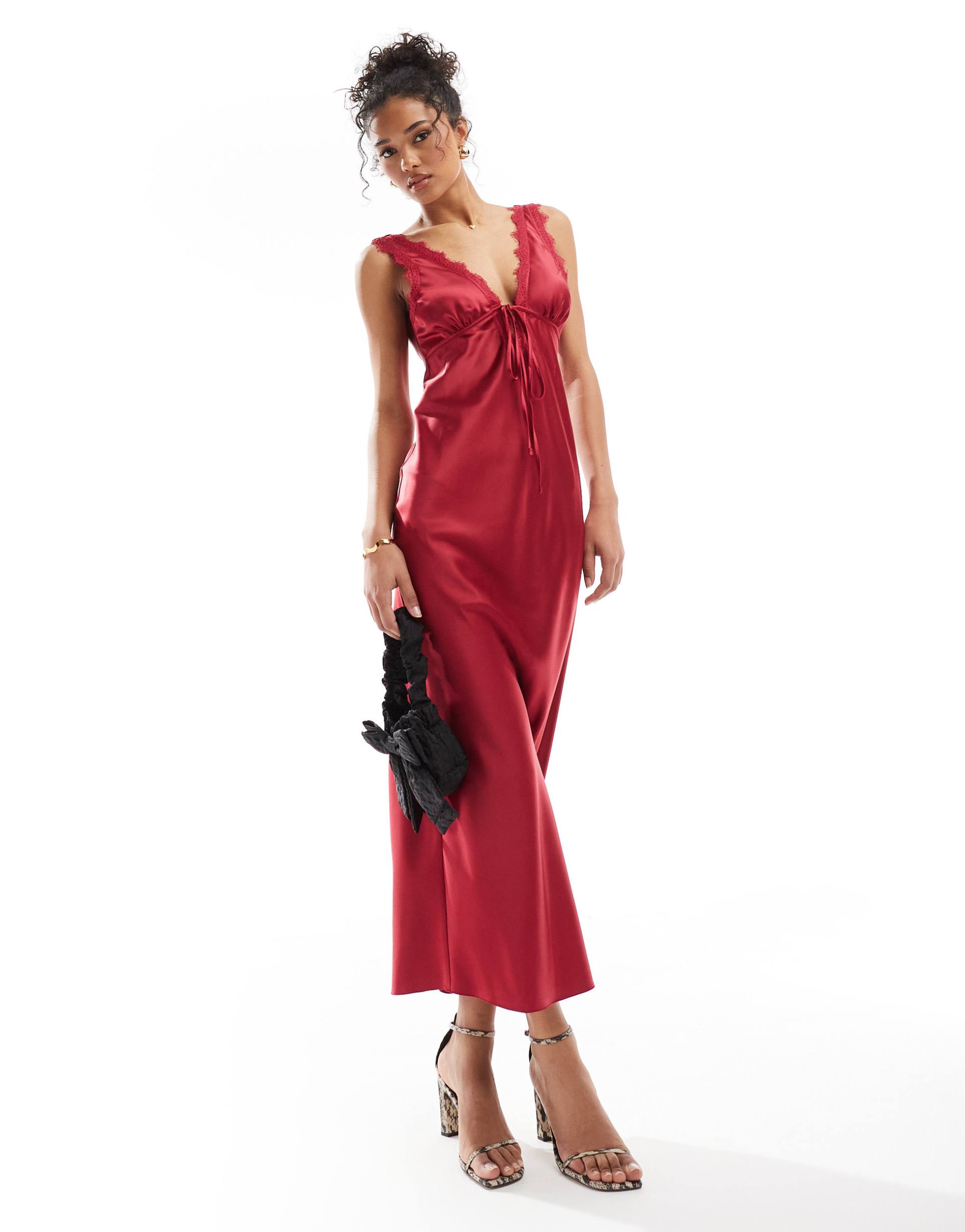 miss selfridge satin lace trim maxi dress in wine red