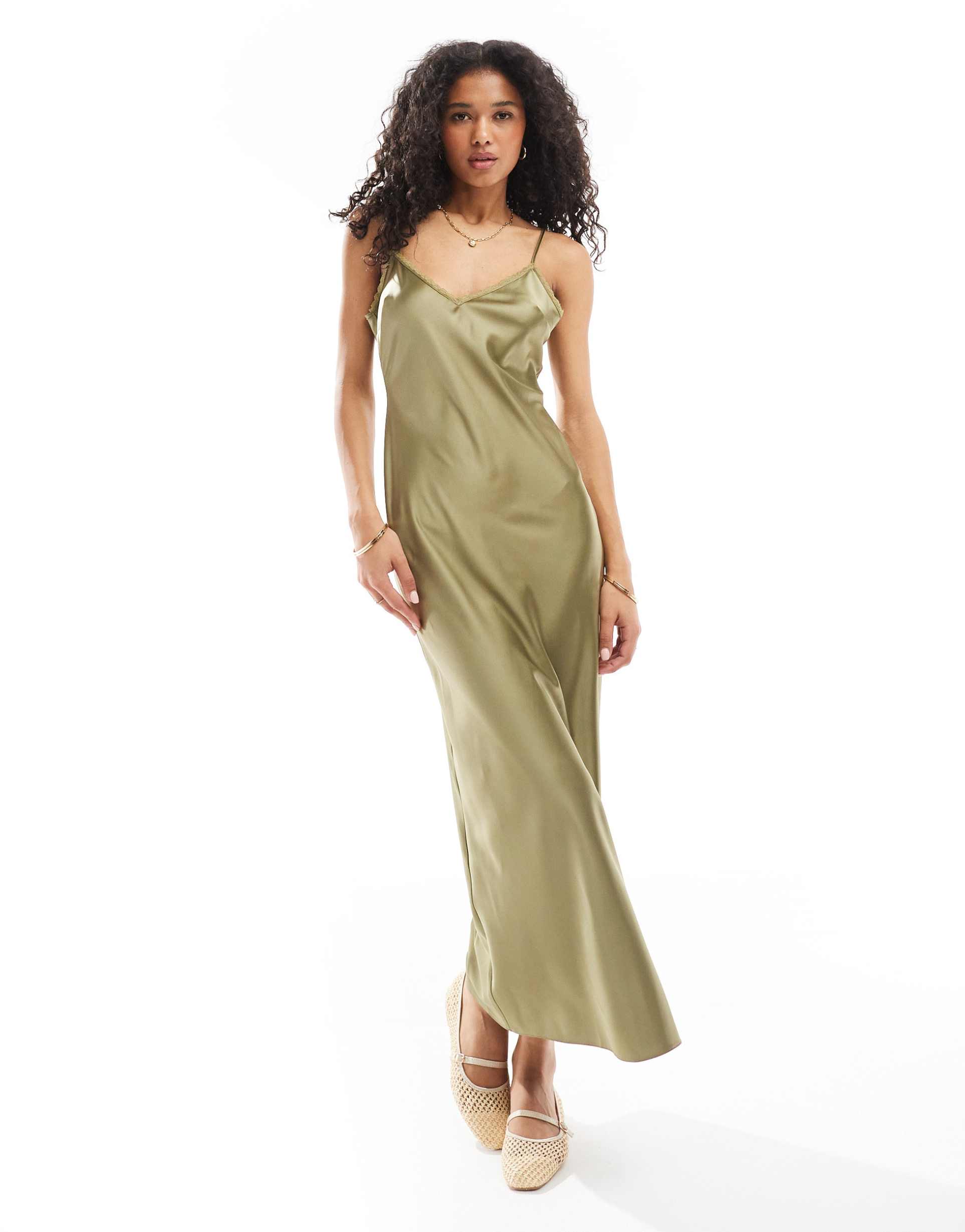 miss selfridge satin lace trim maxi slip dress in khaki