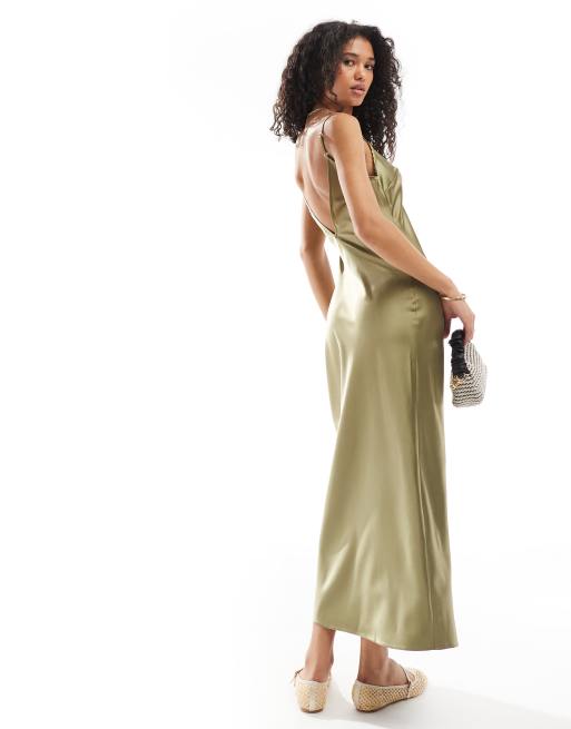 Miss Selfridge satin lace trim maxi slip dress in khaki ASOS