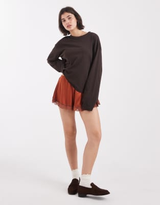 Miss Selfridge Satin Lace Trim Micro Shorts In Brown