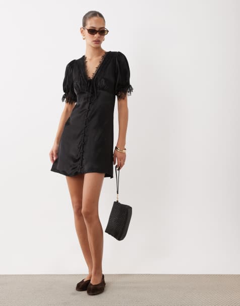 Miss Selfridge satin lace trim mini dress in black - view 1