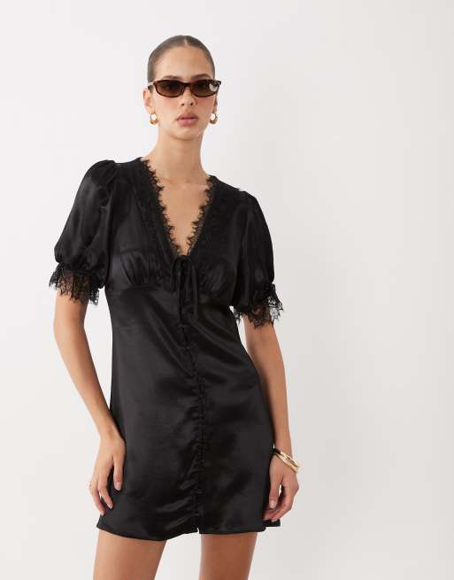 Miss Selfridge satin lace trim mini dress in black, 2 of 4