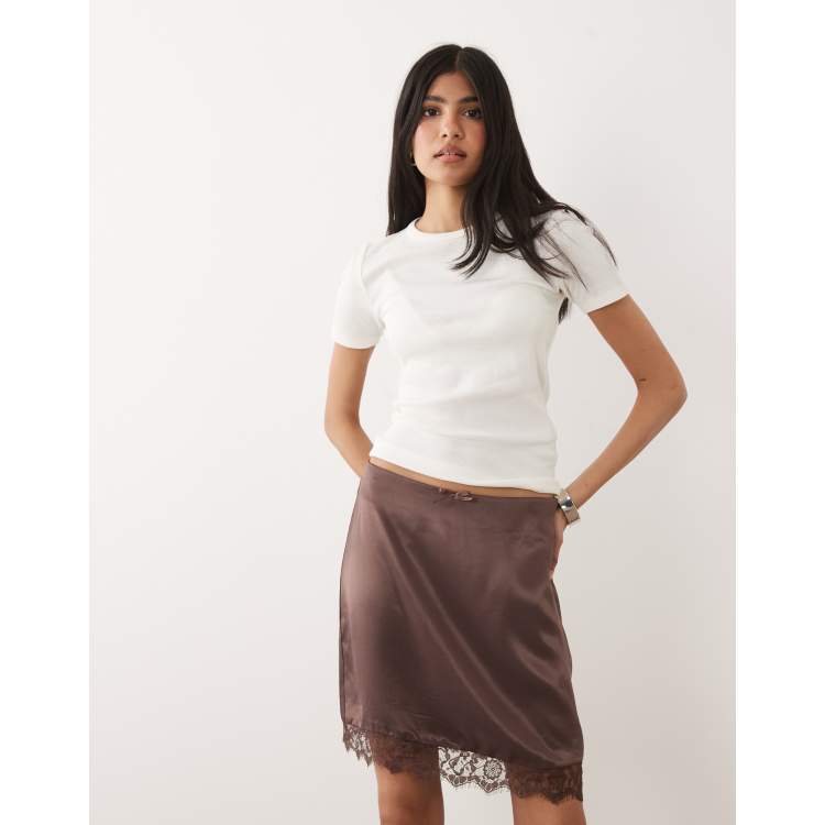 Miss Selfridge satin lace trim mini skirt in chocolate | ASOS