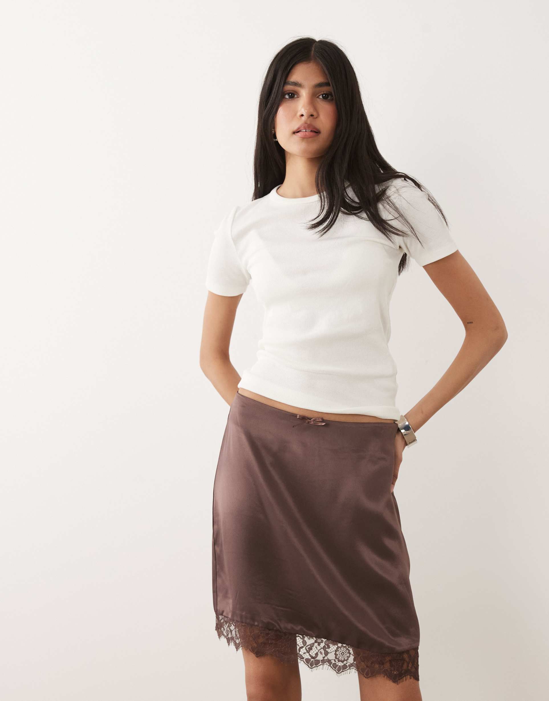 miss selfridge satin lace trim mini skirt in chocolate