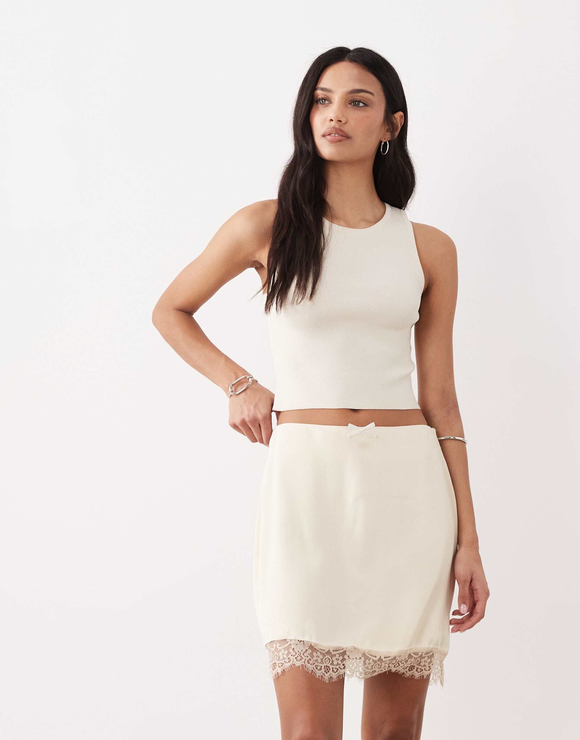 miss selfridge satin lace trim mini skirt in cream