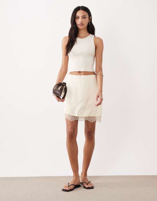 Miss Selfridge satin lace trim mini skirt in cream, 2 of 5