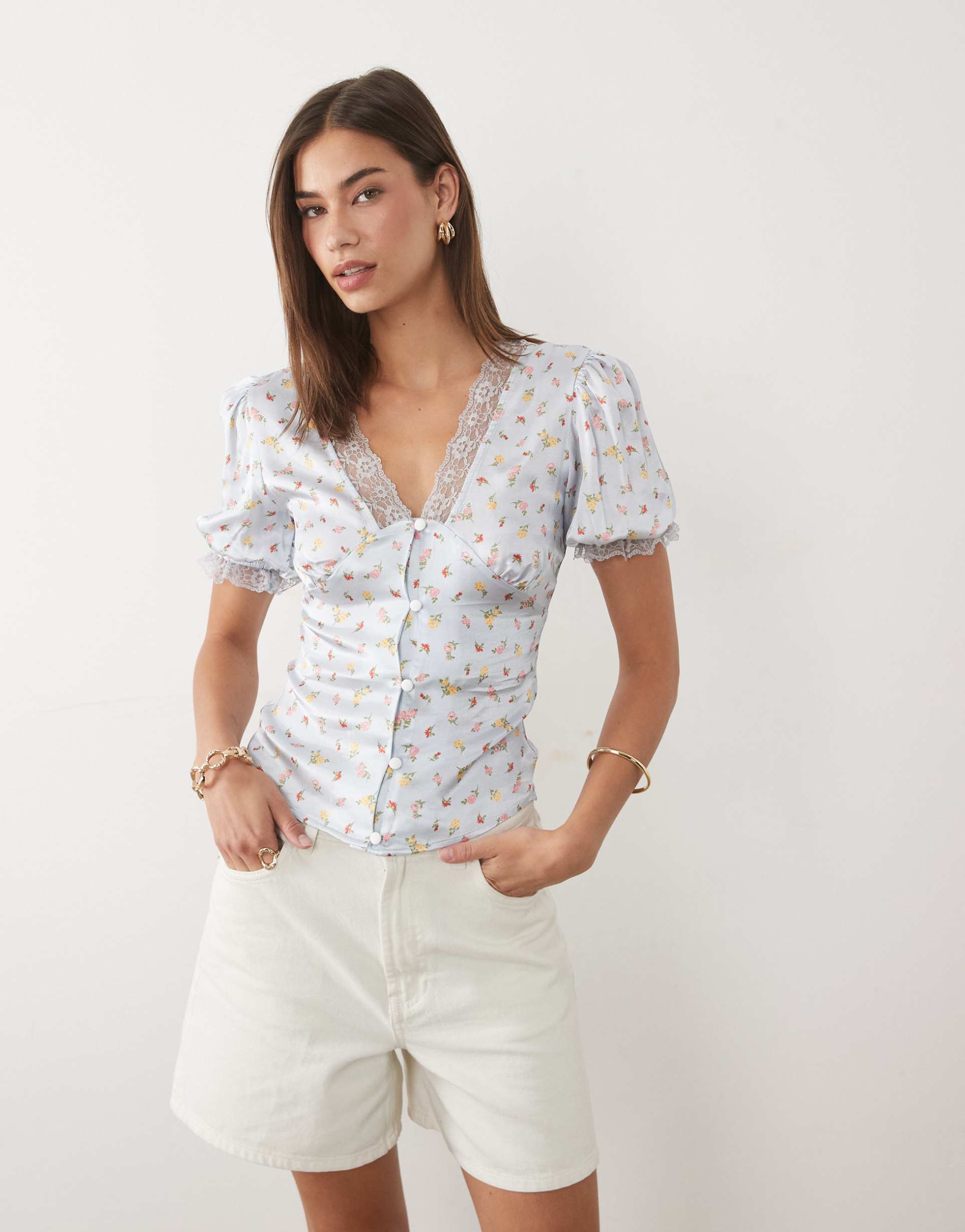 miss selfridge satin lace trim tea top in blue floral