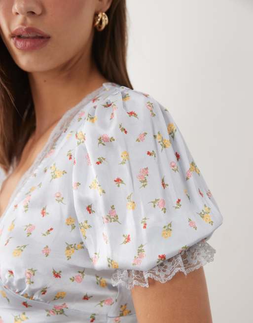 Miss Selfridge satin lace trim tea top in blue floral, 3 of 4