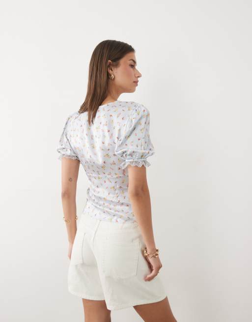 Miss Selfridge satin lace trim tea top in blue floral, 4 of 4