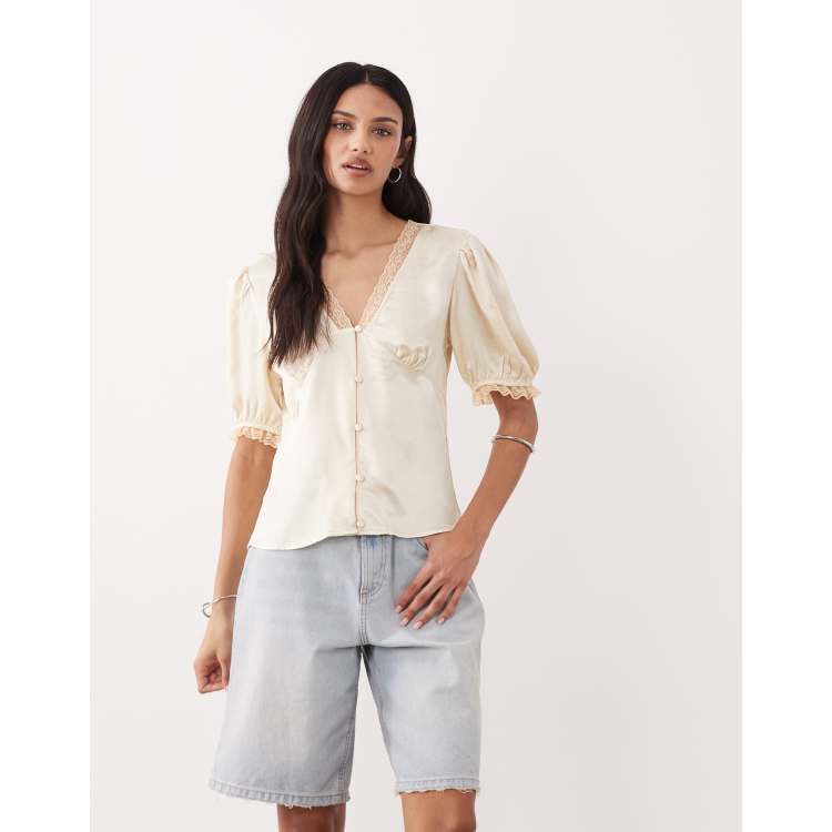 Miss Selfridge satin lace trim tea top in cream | ASOS