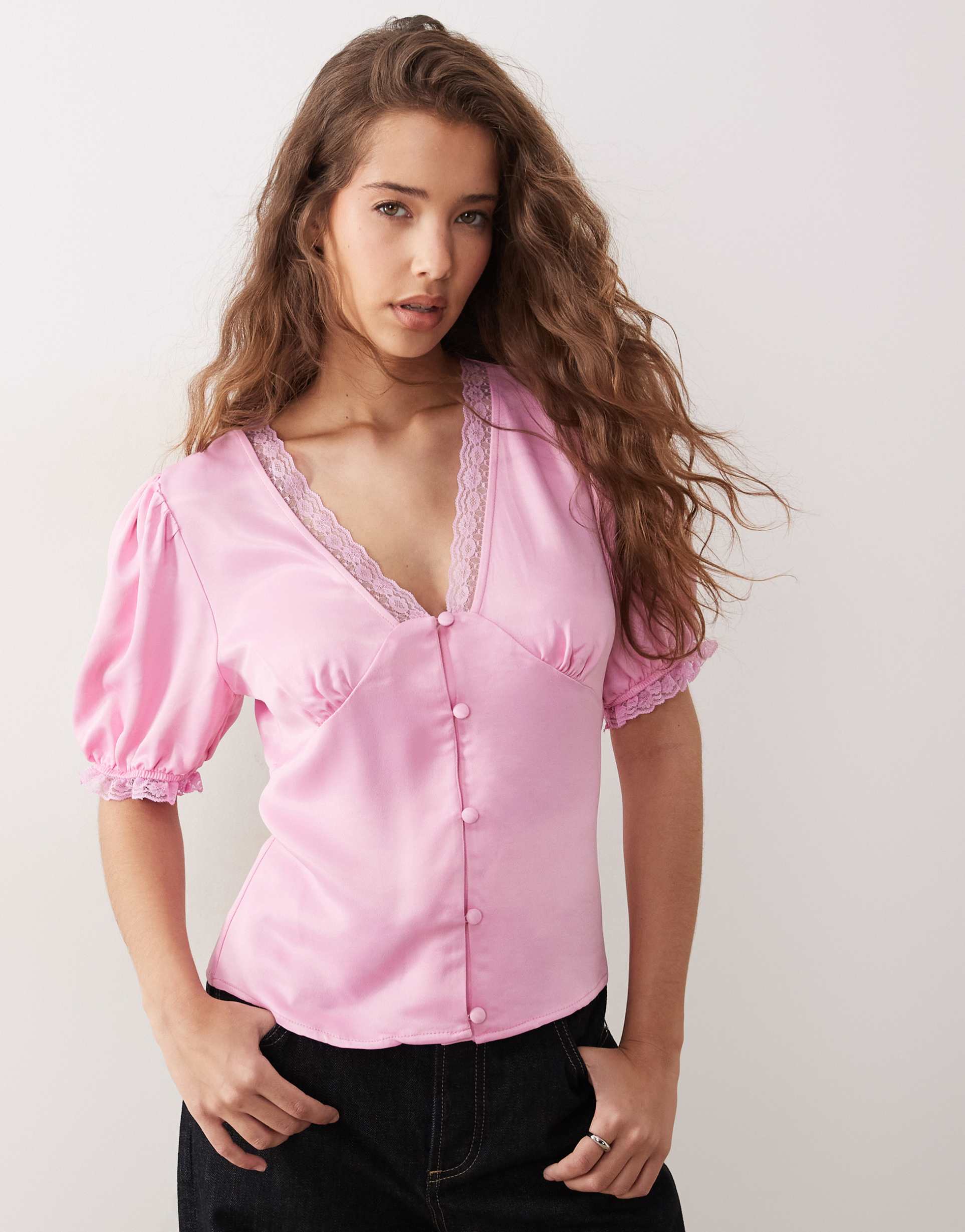 miss selfridge satin lace trim tea top in pink