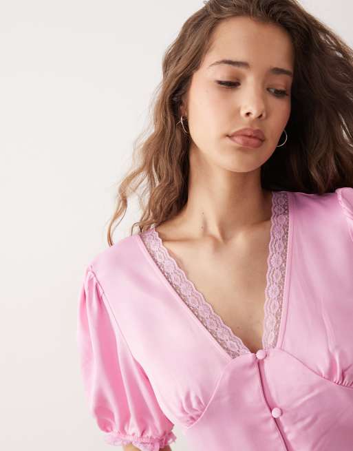Miss Selfridge satin lace trim tea top in pink, 2 of 4