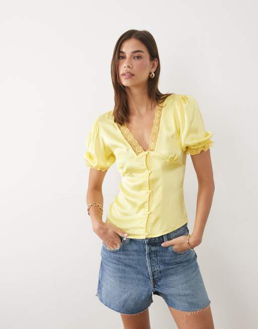 Miss Selfridge satin lace trim tea top in yellow, 3 of 4