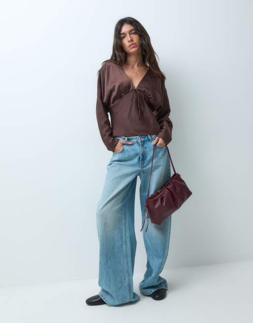 Miss Selfridge satin long sleeve batwing top in chocolate, 2 of 5
