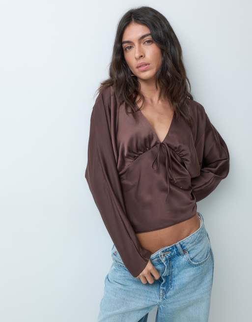 Miss Selfridge satin long sleeve batwing top in chocolate, 3 of 5