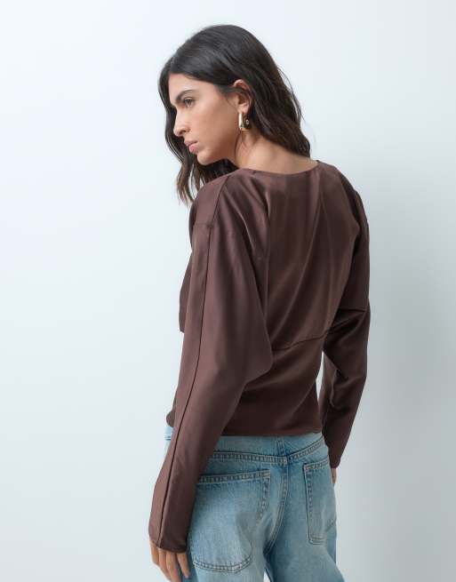 Miss Selfridge satin long sleeve batwing top in chocolate, 5 of 5