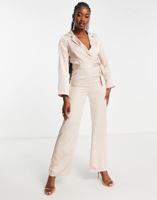 Miss Selfridge satin long sleeve wrap jumpsuit in pink - ASOS Price Checker