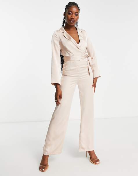 Miss Selfridge shirred waist faux leather jumpsuit in chocolate