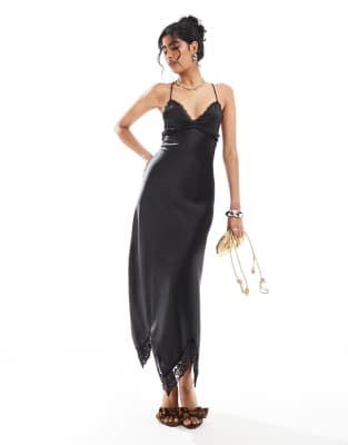 satin maxi dress with lace insert in black