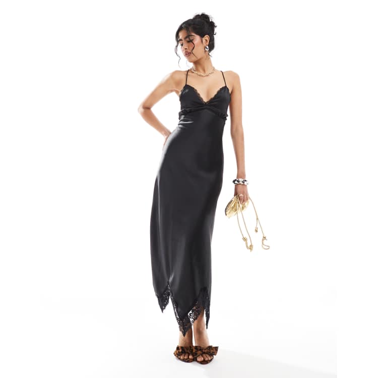 Miss Selfridge satin maxi dress with lace insert in black | ASOS