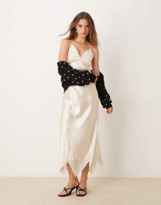 satin maxi dress with lace insert in ivory-White