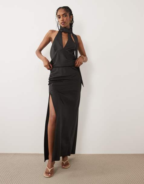 Miss Selfridge satin maxi skirt co-ord in black