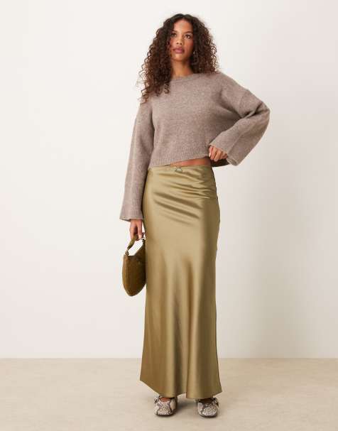 Miss Selfridge satin maxi skirt in khaki - view 1