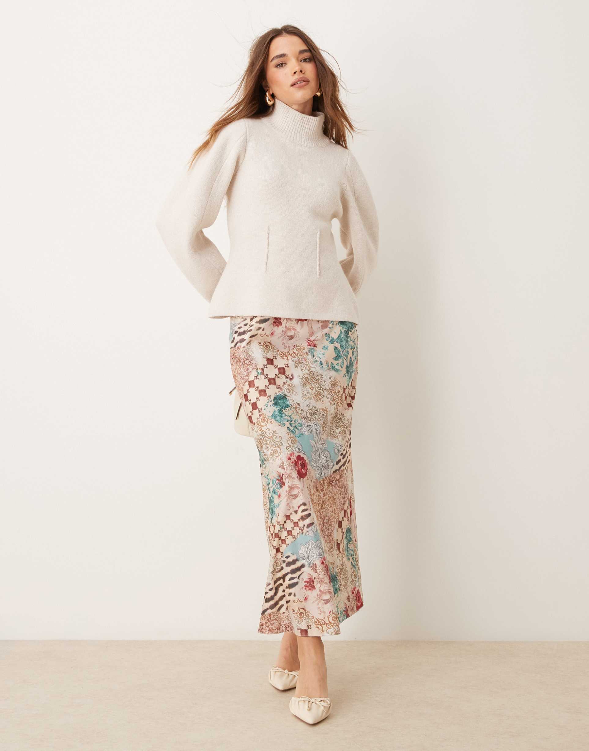 miss selfridge satin maxi skirt in patchwork print